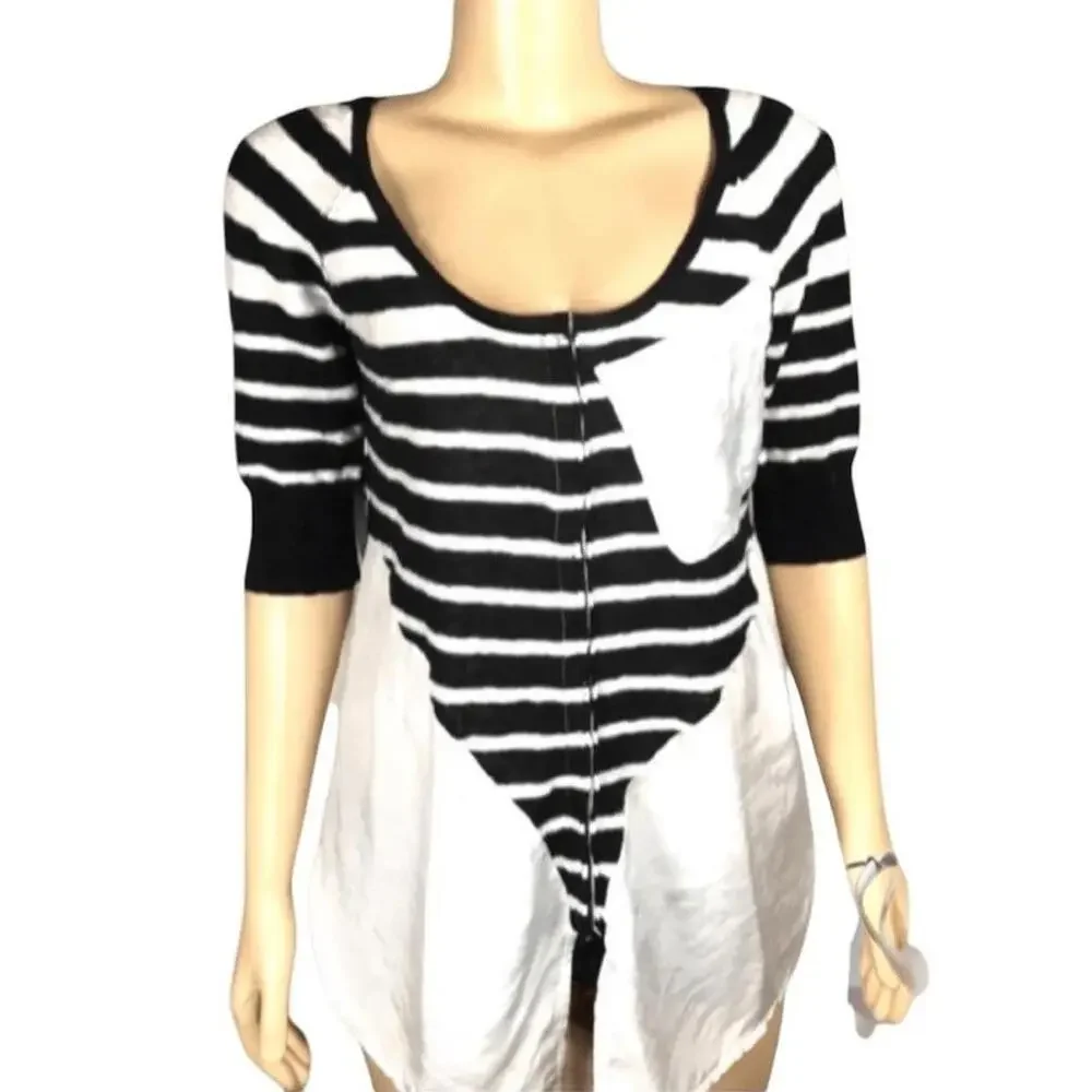 Free People‎ Knit Blouse Black White Striped Tie Front Boho Casual Size XS
